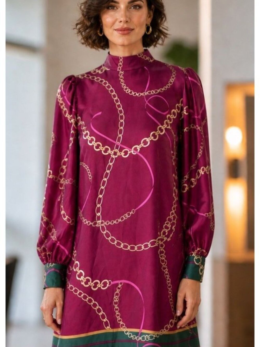 ANN TAYLOR Chain Print Tunic Dress Satin Puff Sleeve MEDIUM Quiet Lux Office - Picture 1 of 10